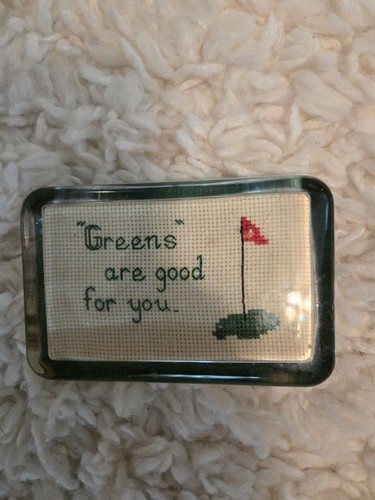 Vintage Glass Paperweight with Needlework Cross Stitch Golf. GUC