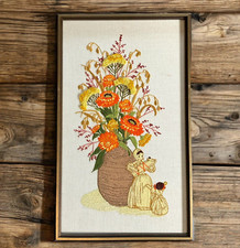 Paragon Straw Doll Floral Crewel Embroidery Finished Framed 1975 Autumn Vintage