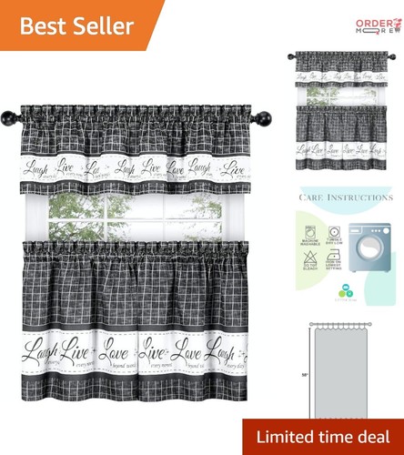 Gingham Check Kitchen Curtain Set Polyester 3-Pc. Rod Pocket Charcoal Decor