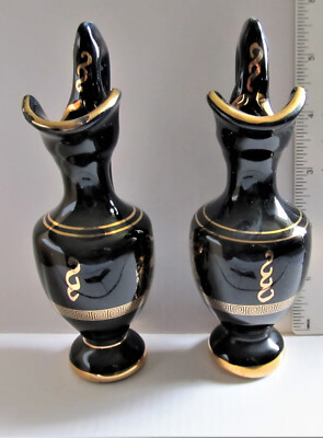 Rare 2 x Vintage Fakiolas Greek Classical Urns Black 24K Hand Made In Greece