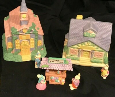 Porcelain 10 Piece Easter Village Set Hand Painted by Hopalong Hollow