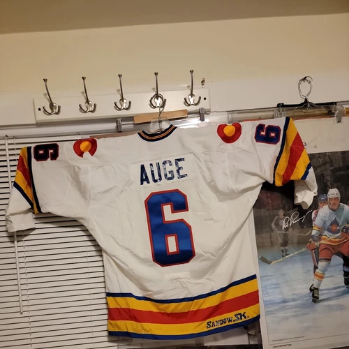 Colorado Rockies NHL Les Auge 1980-81  Game Worn Used Hockey Jersey. Team USA