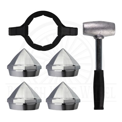 Bullet Chrome Knock Off Spinner Caps for Lowriders, Set of 4 + Wrench + Hammer