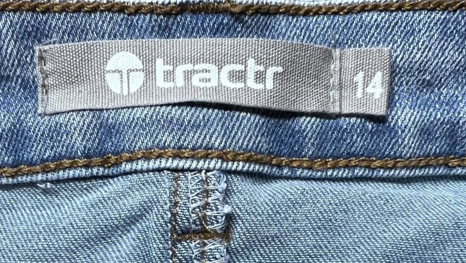 Pantalones Cortos Tractor Jean Corte Niñas Talla 14 Envejecido Azul Claro Denim Elástico Foto 3 de 4