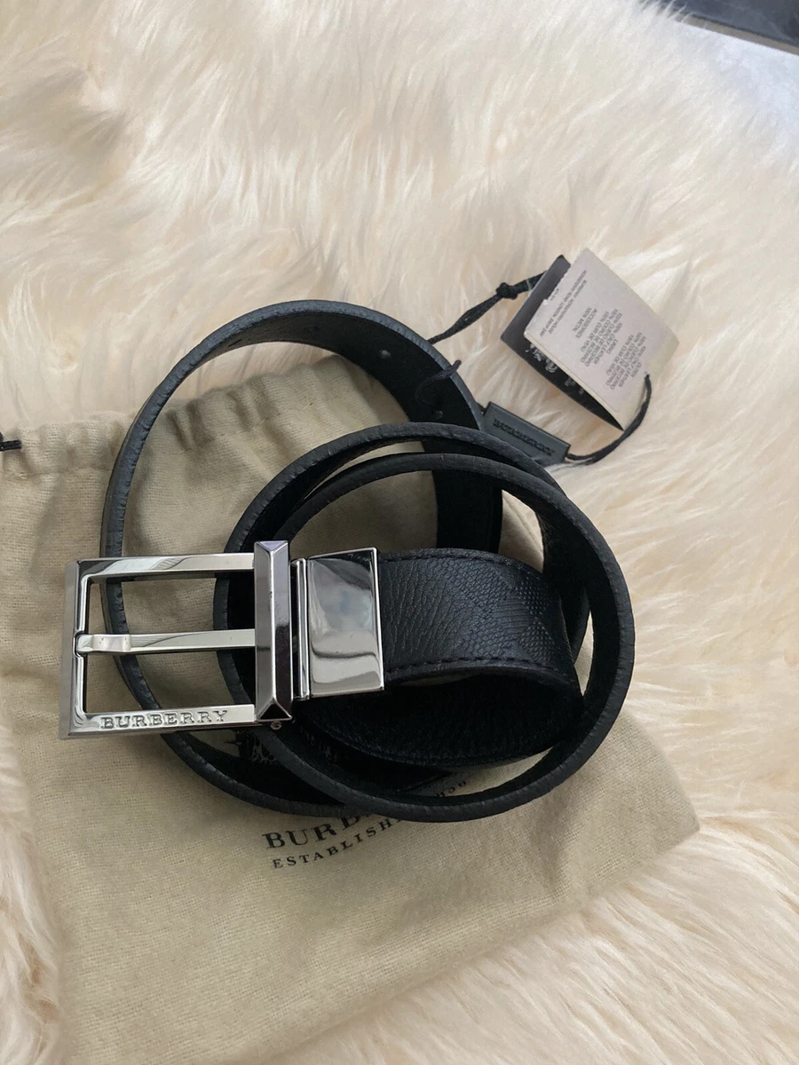 NWT 100% AUTH Burberry Mens Plaid Stamp Black Leather Reversible Belt Sz 95/38
