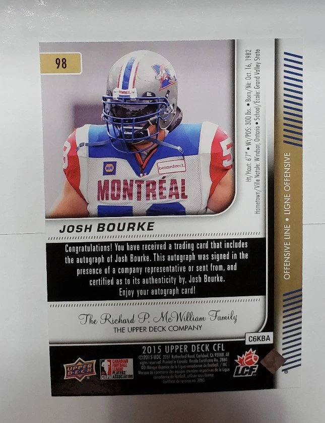 2015 Upper Deck CFL Signatures #98 Josh Bourke - Image 2 of 2
