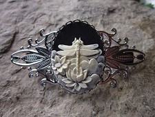 DRAGONFLY CAMEO SILVER FILIGREE BARRETTE - HANDMADE - black - WEDDING, BRIDAL