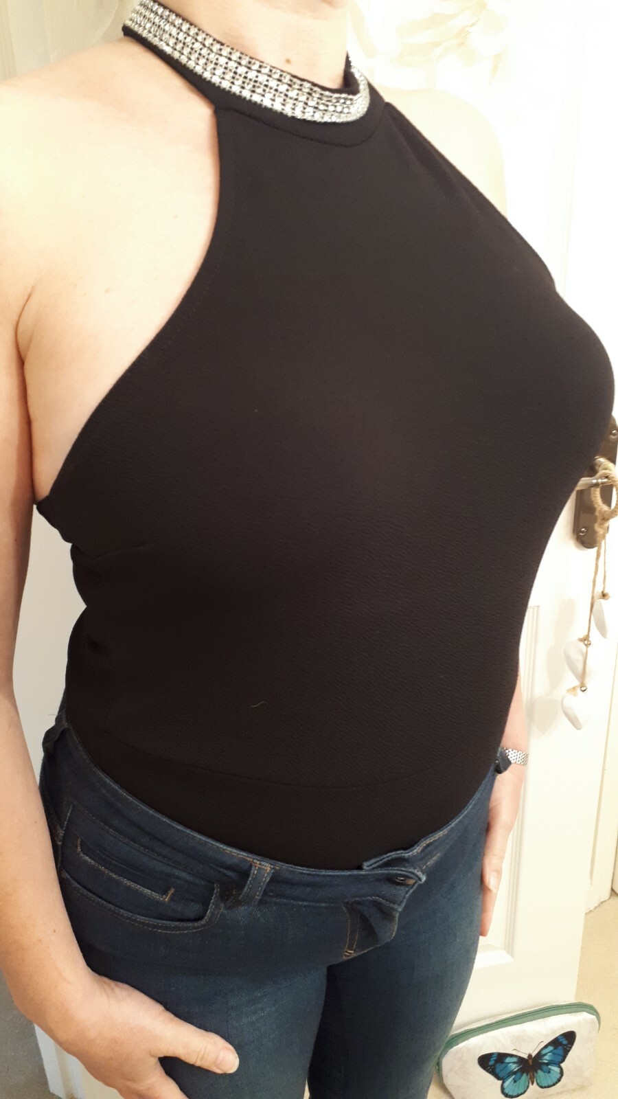 Diamante choker open back bodysuit black 14uk