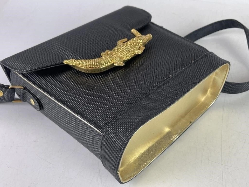 Cartera rara vintage dorada con broche de cocodrilo negra con adornos dorados retro Art Deco Foto 3 de 4