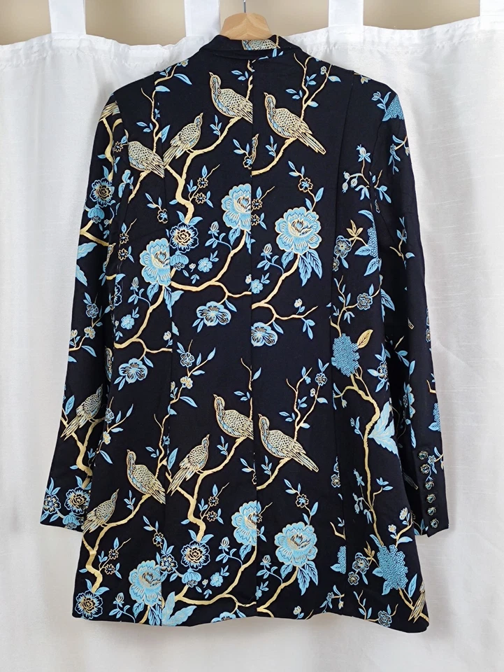 Soft Surroundings Sz L Blazer Chinoiserie Bird Floral Black Aqua Gold Dressy - Image 2 of 4