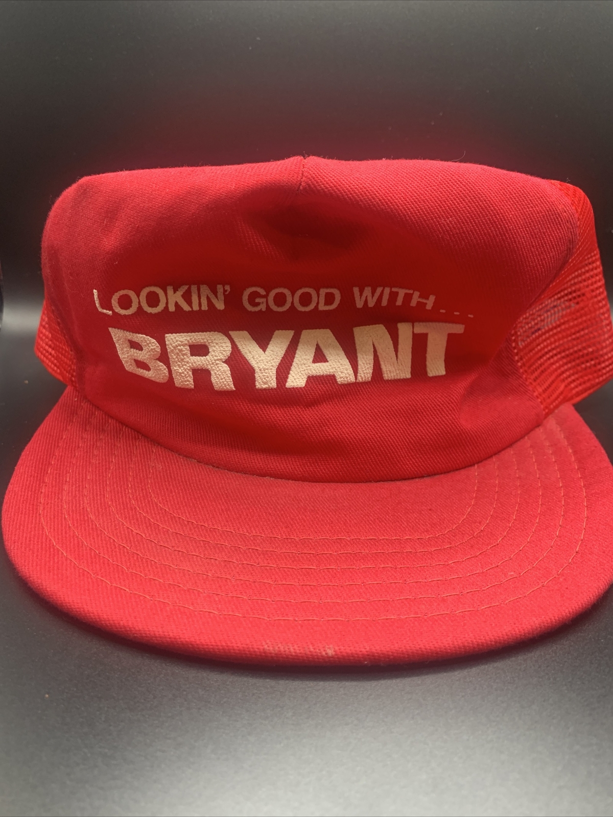 Vintage 1990 Red trucker Snapback “looking good with Bryant”K Studio Made In USA
