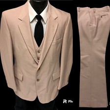 3 pc Vtg 70's Men Beige TEXTURED MoD DISCO Suit BELL BOTTOMS Trousers Vest 38 R