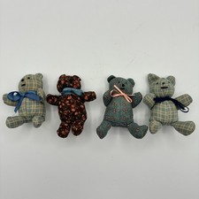 Vtg Handmade Mini Teddy Bears Set of 4 Plaid Floral Fabric Stuffed Animals Decor