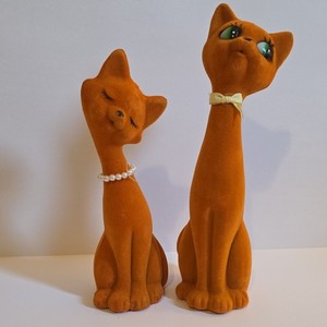Flocked Orange Cat Pair Figurines Pearl Necklace Yellow Bow Felt Collectible