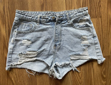 SHEIN Women's Light Wash Distressed Denim Cutoff Shorts L High Rise 5-Pocket