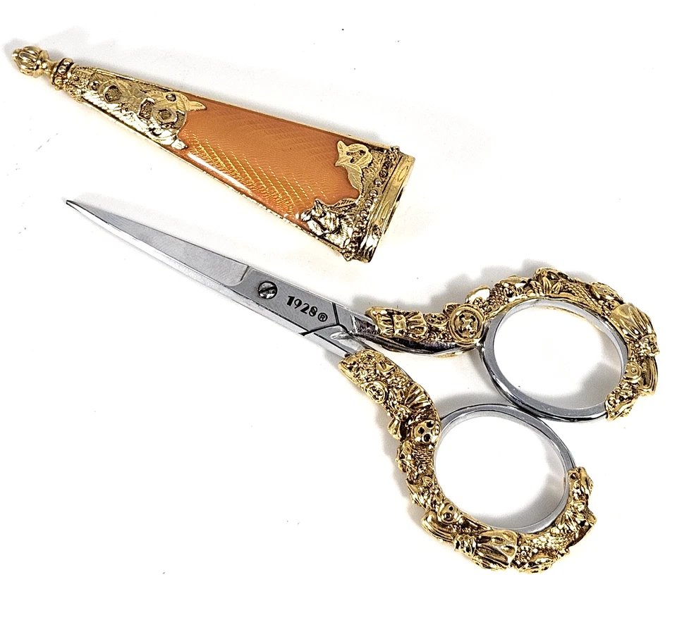 1928 Ornate Gold Tone Embellished Sewing Scissors w/ Sheath 4" Vintage Style - Image 2 of 4