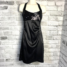 Vtg 90s Y2K B. Smart Satin Little Black Cocktail Halter Dress 5/6 Sparkle Ruched