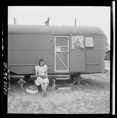 Arlington Virginia 1942 FSA Trailer Camp Girl Preparing Vegetables Outdoors