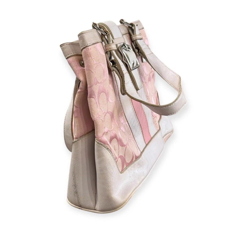 Bolso de hombro Coach Signature rosa a rayas 7056 de cuero rosa/blanco Foto 4 de 4