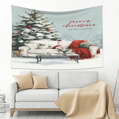 60x40 Inch Christmas Tapestry - Snowy Winter Scene with Cozy Fireplace, Red & St