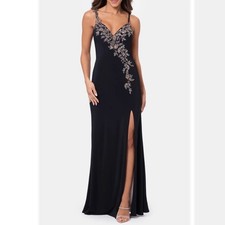 Xscape Evening Crystal Floral Detail Sheath Black Party Formal Gown 8P