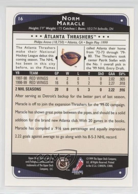 1999-00 Upper Deck Victory Norm Maracle #16 - Image 2 of 2