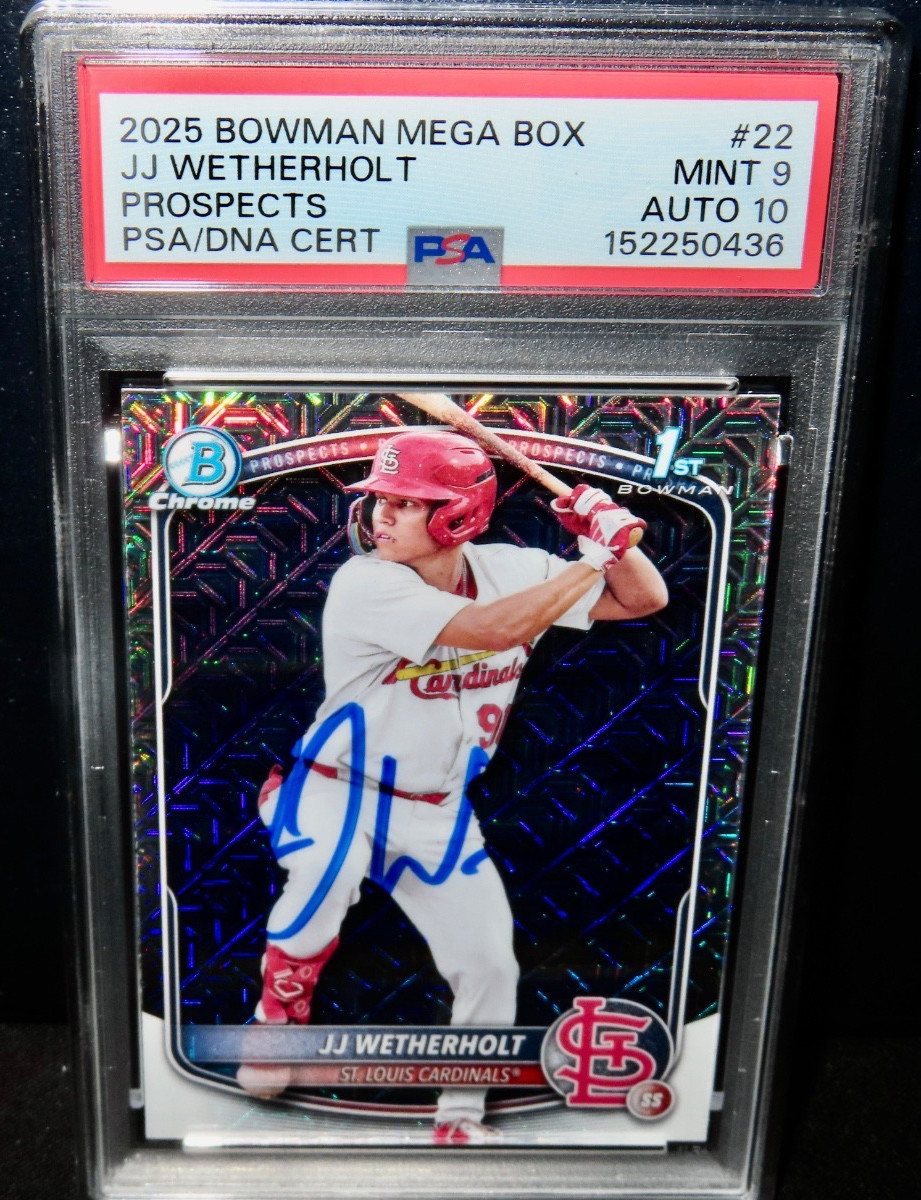 2025 BOWMAN CHROME JJ WETHERHOLT SIGNED ROOKIE AUTO PSA/DNA 10 PSA 9 MEGA BOX !! view 7