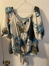 SHEIN Women’s XL Teal Peacock Print Blouse