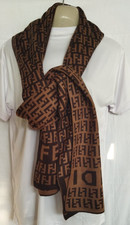 Fendi Scarf 100 Wool Wrap Brown Stole FF Logo Muffler