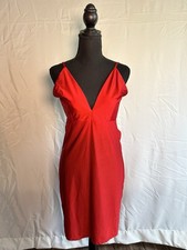 Elegant Red Satin Cocktail Dress Medium Plunging V-Neck Low Back Ruched