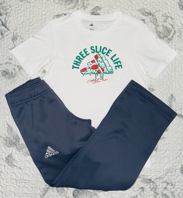 Boys Adidas White  THREE SLICE LIFE  T-Shirt & Gray Joggers Set Sz/ Small (8)