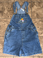 Vintage Winnie The Pooh Overalls Shorts Women's Blue Denim Disney Bibs Sz XL