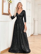 Luxury V Neck Long Sleeves Blue Sequins Formal Evening Dress Women Wedding Party