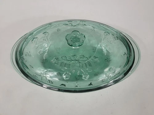 Vtg Anchor Hocking Oven-Proof Green Glass Covered Casserole Dish Floral Design