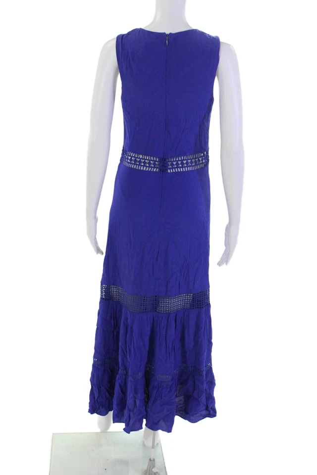 Maxi Vestido Nicole Miller Para Mujer Panel de Encaje Cuello Cuadrado Sin Mangas Azul Talla 4 Foto 3 de 4