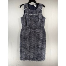 J.Crew Navy Blue White Tweed Fringe Trim Sleeveless Sheath Dress Size 8
