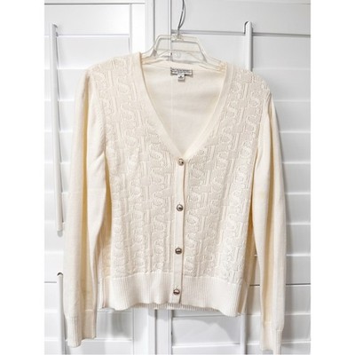 St. John Sport Ivory Cream Knit Cardigan Sweater Size Medium Monogram SJS W/Flaw