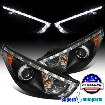 Fits 2010-2012 Tucson Projector Headlights Black Head Lamps LED Strip