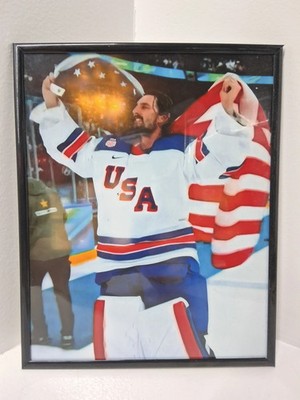 Connor Hellebuyck USA Olympic Hockey Celebrating On The Ice -Photo 8x10 w/ Frame