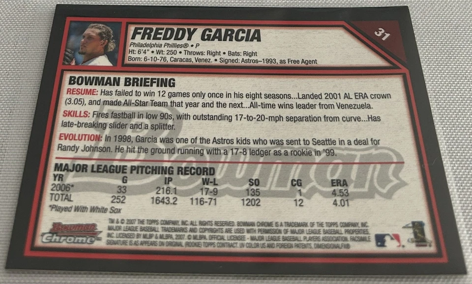 2007 Bowman Chrome Baseball Freddy Garcia Philadelphia Phillies base card #31 - Image 2 of 2