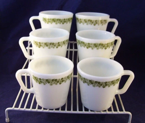 Corelle Corning Spring Blossom Pyrex Glass 6 Coffee Mugs Crazy Daisy Vintage USA