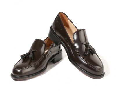 Firenze Atelier Men's Brown Leather Apron Toe Tassel Loafers Slip-on Loafers