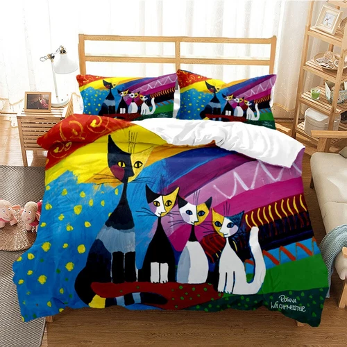 Artistic Cat Bedding Set 2Pcs 3Pcs Quilt Duvet Cover Dorm Single Double King UK - Picture 16 of 21