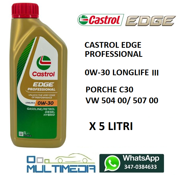 5 LITRI OLIO MOTORE CASTROL EDGE 0W-30 LONGLIFE III PORCHE C30 VW 504 00 507 00