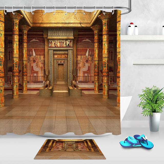Ancient Egyptian Pharaoh's Tomb Shower Curtain Set Fabric Bathroom w/12