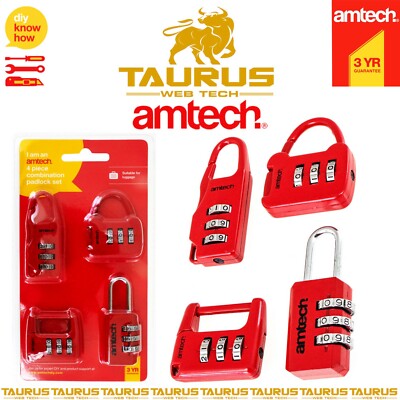 4 x AMTECH Zahlen-Vorhängeschloss-Set 3-stellig Reisekoffer Gepäck 4T Schlösser UK