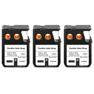 3PK for DYMO XTL-300 500 Flexible Cable Wrap 19mm White 1868807 Nylon Labels 