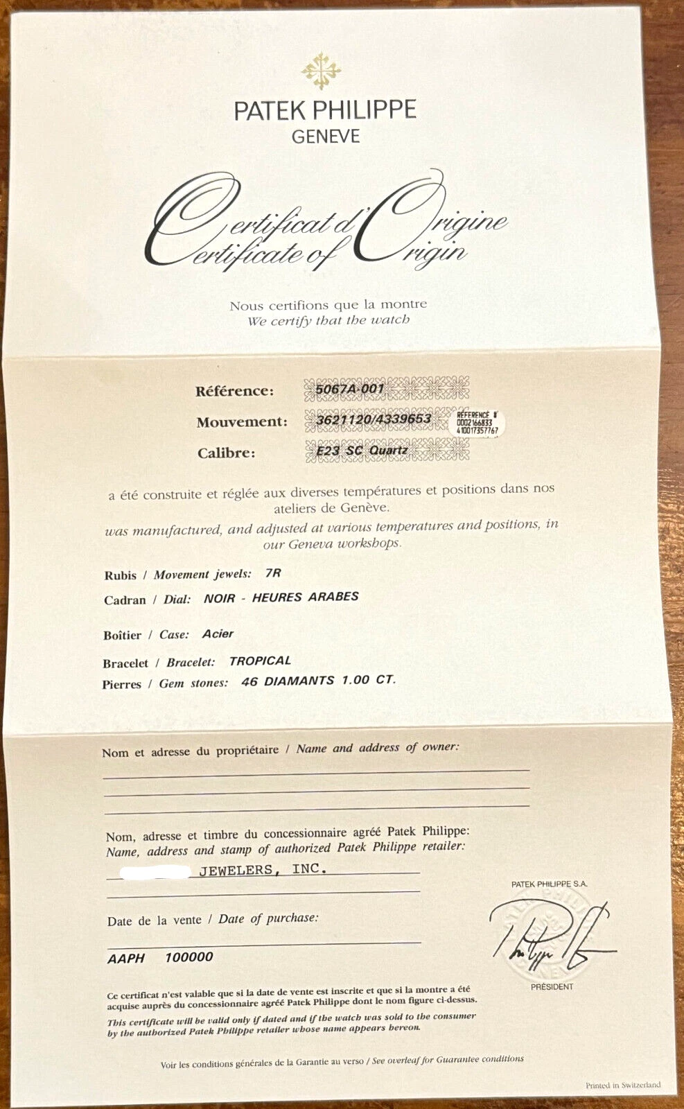 Patek Philippe — Patek Philippe Aquanaut Certificate Of Origin Ref 5067A-001 Authentic Document