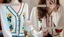 Women's Long Sleeve Chiffon Tops Casual Shirt Knitted Floral Blouse Button Down