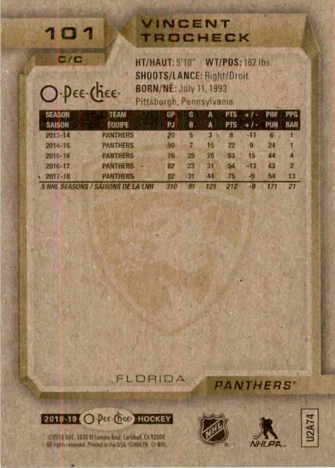 2018-19 O-Pee-Chee Vincent Trocheck #101 - Image 2 of 2